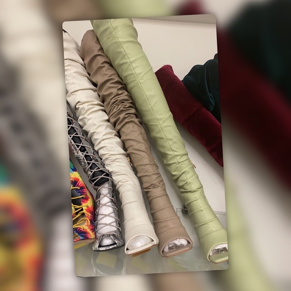 Pazzle Victoria Over The Knee Taupe Faux Leather Ruched Stiletto Thigh High Boot - Picture 3 of 9